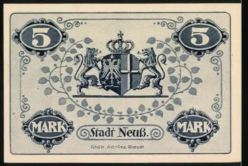 Notgeld Neuss, 1918, 5 Mark, Stadt Neuss mit Löwen und Wappen, Fünf Mark