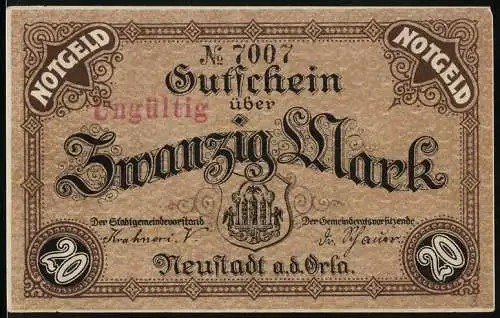 Notgeld Neustadt a.d. Orla, 1918, 20 Mark, gültig für den Geldverkehr innerhalb der Stadt