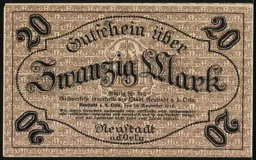 Notgeld Neustadt a.d. Orla, 1918, 20 Mark, gültig für den Geldverkehr innerhalb der Stadt