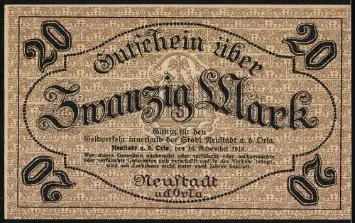 Notgeld Neustadt a.d. Orla, 1918, Zwanzig Mark, Gutschein Nummer 10178, ungültig gestempelt