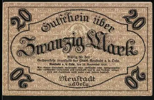 Notgeld Neustadt a.d. Orla, 1918, Zwanzig Mark, Gutschein über Zwanzig Mark mit Seriennummer 7817