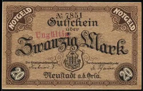 Notgeld Neustadt a.d.Orla, 1918, 20 Mark, Gutschein über Zwanzig Mark mit Stadtwappen und Ornamenten