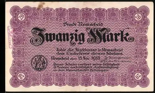 Notgeld Remscheid 1918, 20 Mark, Lila mit Stadtwappen und Ornamenten