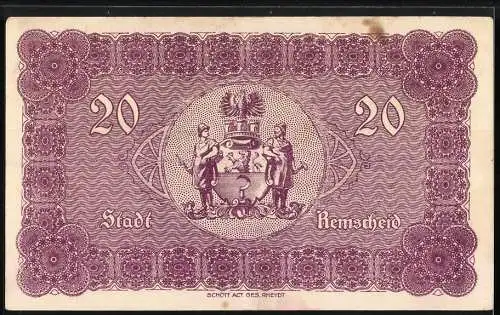 Notgeld Remscheid 1918, 20 Mark, Lila mit Stadtwappen und Ornamenten