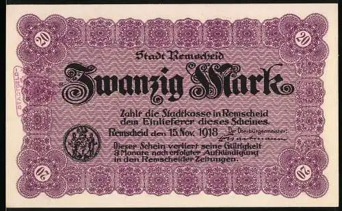 Notgeld Remscheid 1918, 20 Mark, violett mit Stadtwappen und Ornamenten