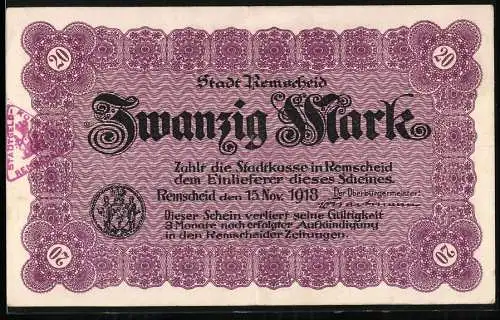 Notgeld Remscheid 1918, 20 Mark, lila Notgeldschein mit Stadtwappen und Verzierungen