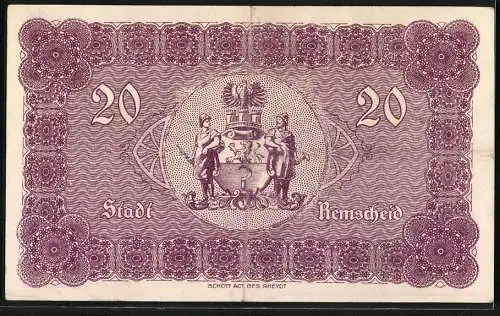 Notgeld Remscheid 1918, 20 Mark, lila Notgeldschein mit Stadtwappen und Verzierungen