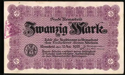 Notgeld Remscheid, 1918, 20 Mark, lila mit Wappen und Stadtansicht