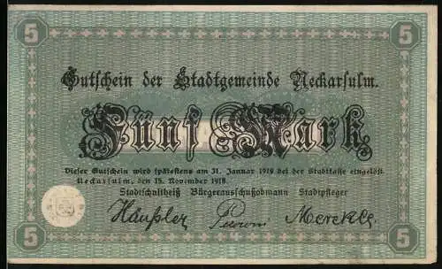Notgeld Neckarsulm 1918, 5 Mark, grüne Note mit Rathausabbildung und Unterschriften