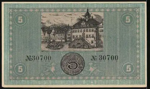 Notgeld Neckarsulm 1918, 5 Mark, grüne Note mit Rathausabbildung und Unterschriften