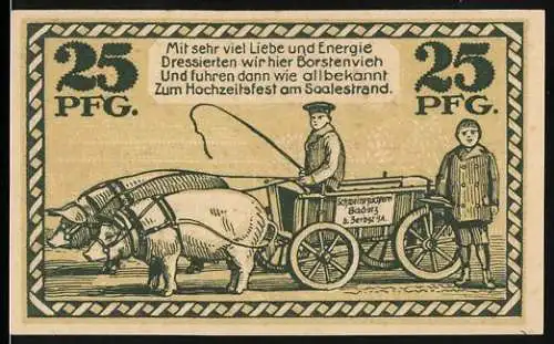 Notgeld Hohenlepte / Badetz 1918, 25 Pfennig, Schweinezüchterei und Hochzeitfest am Saalestrand