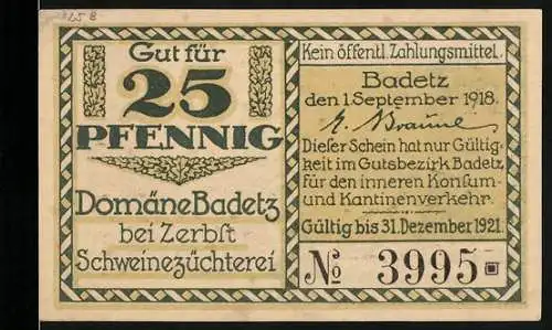 Notgeld Hohenlepte 1918, 25 Pfennig, Domäne Badetz bei Zerbst Schweinezucht, Borstenvieh Hochzeitsfest am Saalestrand