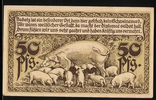 Notgeld Hohenlepte / Badetz, 1918, 50 Pfennig, Schweinezüchterei Domäne Badetz bei Zerbst mit Schweinemotiv