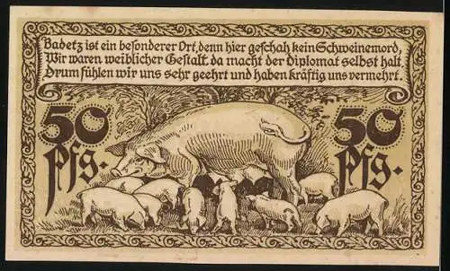 Notgeld Hohenlepte / Badetz 1918, 50 Pfennig, Domäne Badetz Schweinezüchterei, Schweineillustration