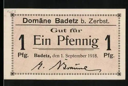 Notgeld Hohenlepte / Badetz 1918, 1 Pfennig, Domäne Badetz b. Zerbst, nur für inneren Domänen- und Kantinen-Verkehr