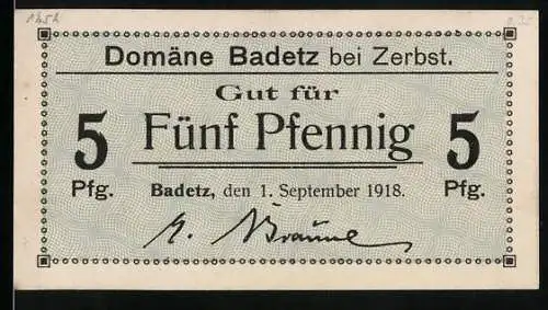 Notgeld Hohenlepte 1918, 5 Pfennig, Domäne Badetz bei Zerbst, gültig als Zahlungsmittel für Konsum- und Kantinenverkehr