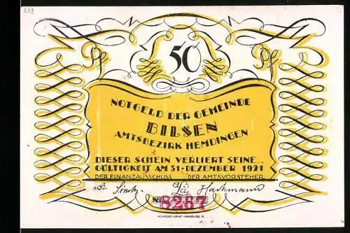 Notgeld Bilsen 1921, 50 Pfennig, Gelb-Schwarzer Schein mit Lindenbaum und Brunnen