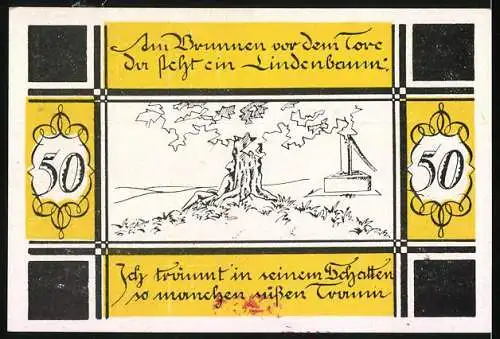 Notgeld Bilsen 1921, 50 Pfennig, Gelb-Schwarzer Schein mit Lindenbaum und Brunnen