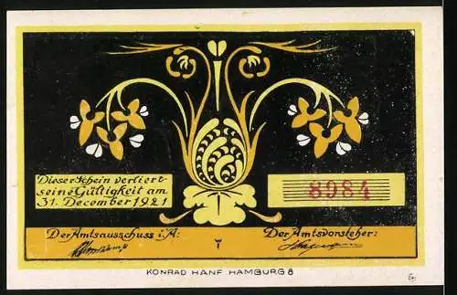 Notgeld Bokel, 1921, 20 Pfennig, gelb-schwarzer Schein mit Hahn und floralen Mustern