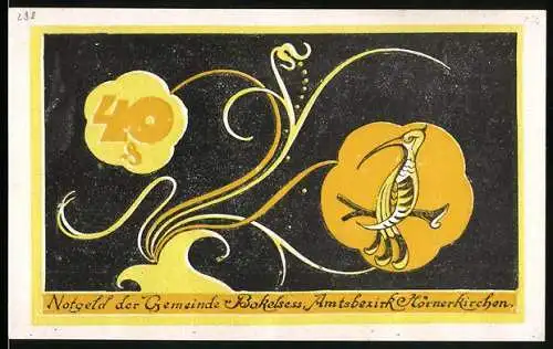 Notgeld Bokel, 1921, 40 Pfennig, florales Design mit gelben Akzenten und Vogelmotiv, gültig bis 31. Dezember 1921