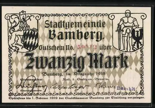 Notgeld Bamberg, 1918, 20 Mark, Stadtgemeinde Gutschein mit Stadtwappen und Ritter