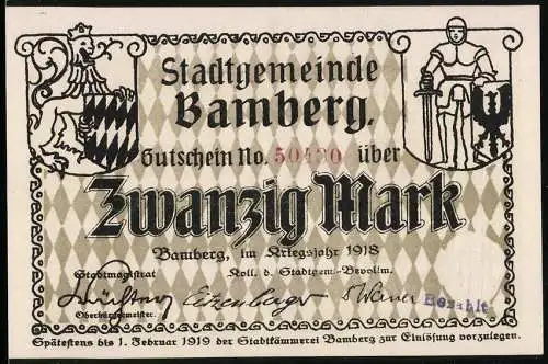 Notgeld Bamberg, 1918, Zwanzig Mark, Wappen und Ritter, Stadtansicht mit Figuren und Ornamenten