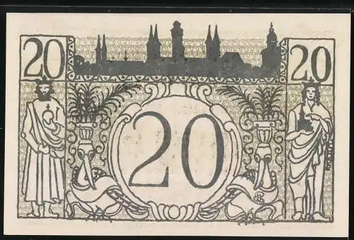 Notgeld Bamberg, 1918, Zwanzig Mark, Wappen und Ritter, Stadtansicht mit Figuren und Ornamenten