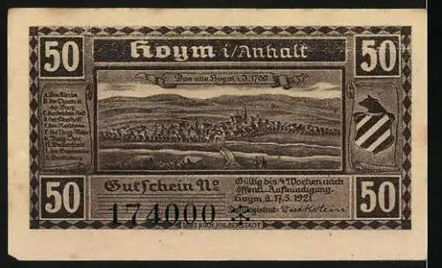 Notgeld Hoym 1921, 50 Pfennig, Erhebung des Fleckens Hoym zur Stadt im Jahre 1540, Gültig bis 4 Wochen nach öffentlich