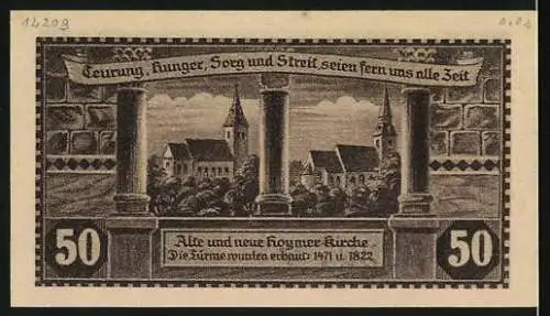 Notgeld Hoym i/ Anhalt, 1921, 50 Pfennig, Stadtansicht und Kirche