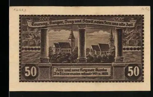 Notgeld Hoym i/ Anhalt 1921, 50 Pfennig, Alte und neue Hoymer Kirche und Stadtansicht