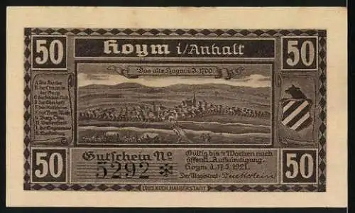 Notgeld Hoym i/ Anhalt 1921, 50 Pfennig, Alte und neue Hoymer Kirche und Stadtansicht