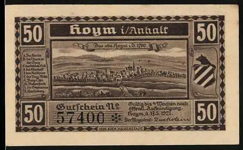 Notgeld Hoym i/ Anhalt 1921, 50 Pfennig, Stadtansicht und Ludow. Brannäcksches Grabgemälde