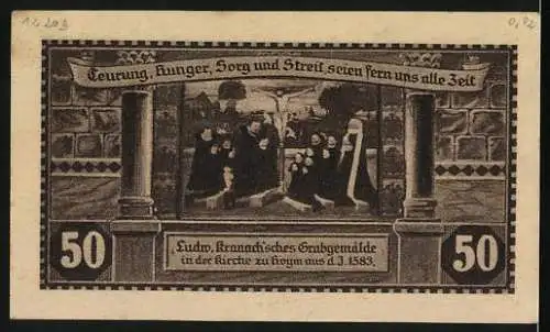 Notgeld Hoym i/ Anhalt 1921, 50 Pfennig, Stadtansicht und Ludow. Brannäcksches Grabgemälde