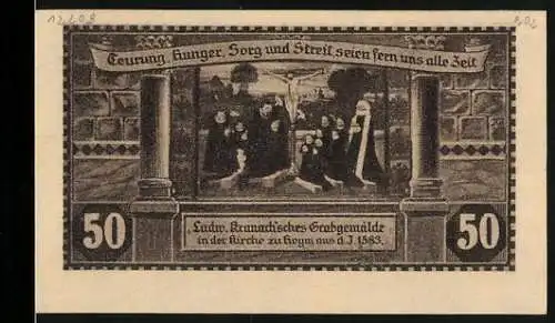 Notgeld Hoym i/ Anhalt, 1921, 50 Pfennig, Ludwig Cranach Grabgemälde mit Stadtansicht von 1700