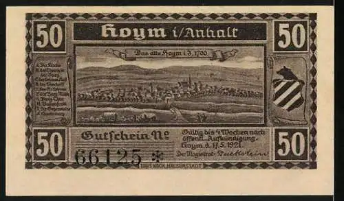 Notgeld Hoym i/ Anhalt, 1921, 50 Pfennig, Ludwig Cranach Grabgemälde mit Stadtansicht von 1700