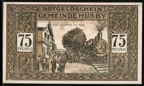 Notgeld Husby, 1921, 75 Pfennig, Darstellung eines Zuges und Ehrenfriedhofs