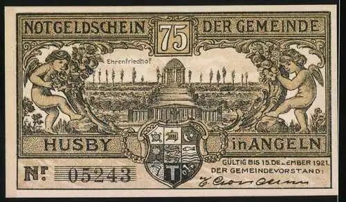 Notgeld Husby, 1921, 75 Pfennig, Darstellung eines Zuges und Ehrenfriedhofs