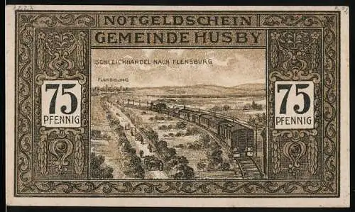 Notgeld Husby 1921, 75 Pfennig, Zug und Schulgebäude mit Wappen und zwei Figuren