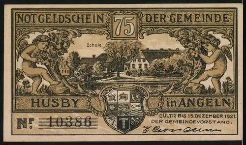 Notgeld Husby 1921, 75 Pfennig, Zug und Schulgebäude mit Wappen und zwei Figuren