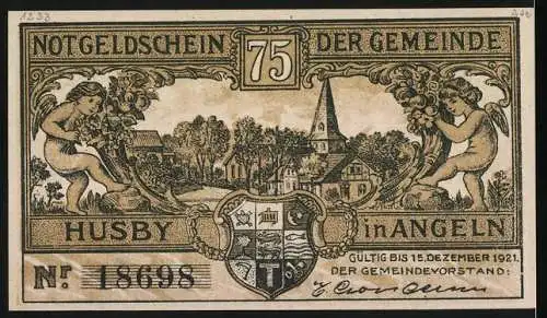 Notgeld Husby, 1921, 75 Pfennig, Passrevision in der Strasse, Wappen und Dorfansicht