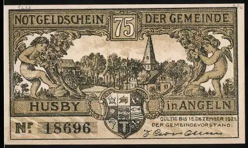 Notgeld Husby 1921, 75 Pfennig, Kirchturm und Wappen, Passrevision an der Strasse