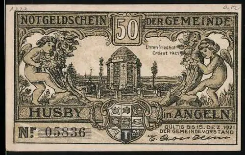 Notgeld Husby 1921, 50 Pfennig, Ehrenfriedhof und Pralhans Motiv