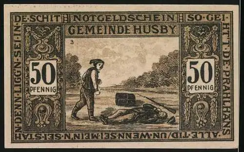 Notgeld Husby 1921, 50 Pfennig, Ehrenfriedhof und Pralhans Motiv