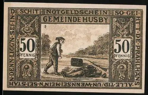 Notgeld Husby 1921, 50 Pfennig, Szene mit Mann und liegender Person, Rückseite Ehrenfriedhof und Wappen