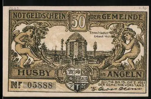 Notgeld Husby 1921, 50 Pfennig, Ehrendenkmal und ländliche Szene mit Bauer und Fass