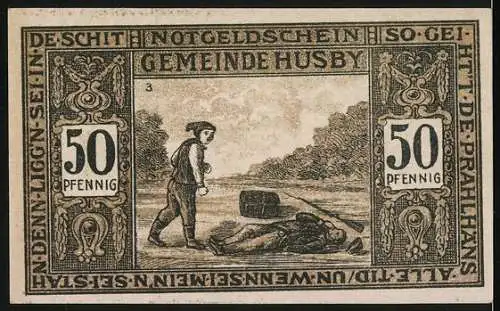 Notgeld Husby 1921, 50 Pfennig, Ehrendenkmal und ländliche Szene mit Bauer und Fass