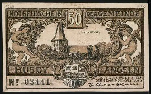 Notgeld Husby, 1921, 50 Pfennig, Gerichtstag und bäuerliche Szene