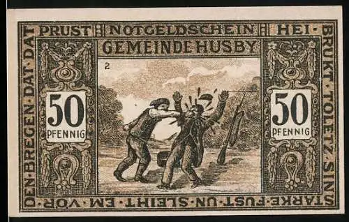 Notgeld Husby, 1921, 50 Pfennig, Gerichtstag und kämpfende Soldaten