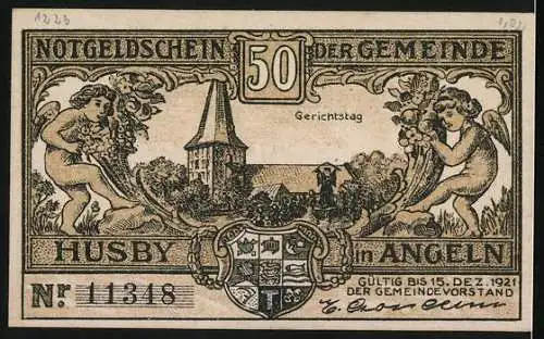 Notgeld Husby, 1921, 50 Pfennig, Gerichtstag und kämpfende Soldaten