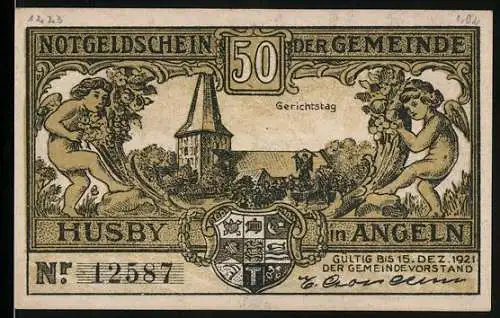 Notgeld Husby 1921, 50 Pfennig, Gerichtstag und kämpfende Männer